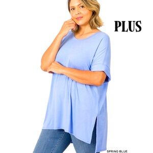 NEW Zenana Blue Cuff Sleeve Side Slit Top